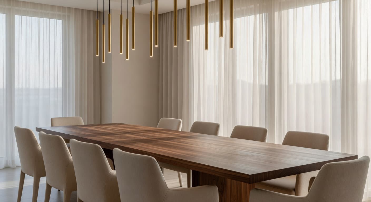 Elegant dining room with walnut table and brass pendant lighting